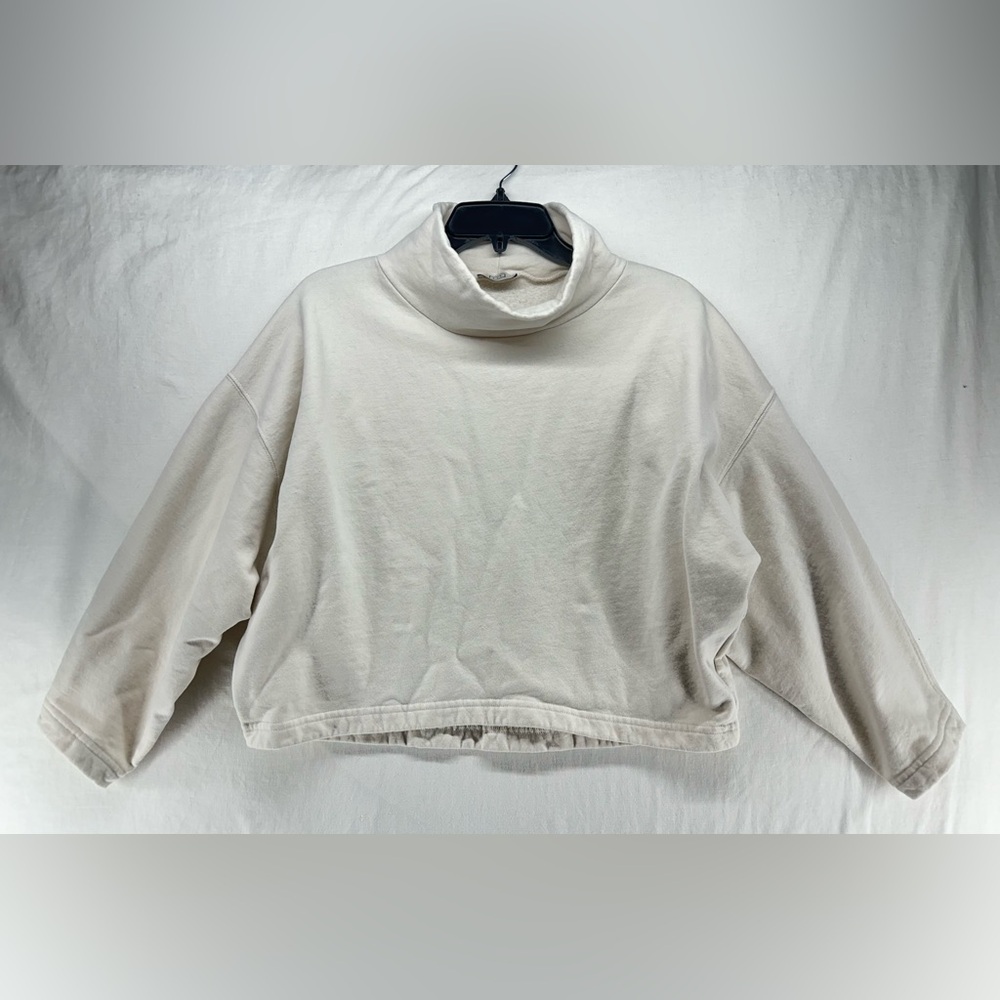AYR Boxy Cropped Cozy Fleece Mock Neck Sweatshirt Pullover Top in Ivory S